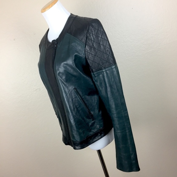 THEORY Maisie Leather Colorblock Moto Crop Jacket LARGE Green Bomber Designer - Picture 4 of 8